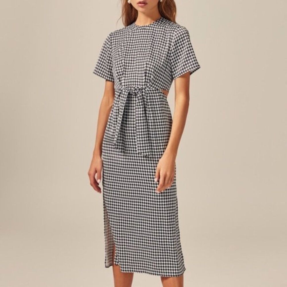C/MEO COLLECTIVE Dress Womens XS Provided Black White Houndstooth Cutout Midi